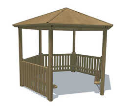 Hexagonal outdoor timber shelter with roof and benches
