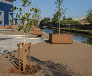 Corten steel street furniture package for Tyseley Wharf