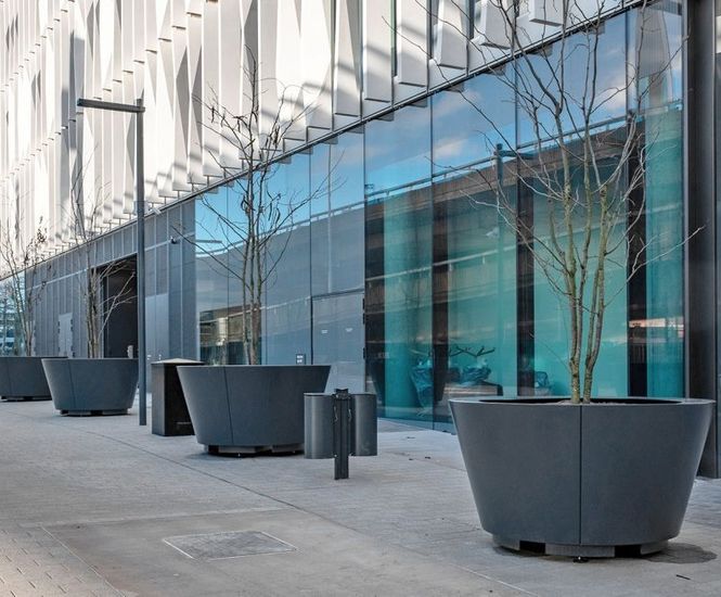 Large conical steel planters for Imperial College campus