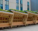Armadillo seating shelters with green roofs for hospital - on this page