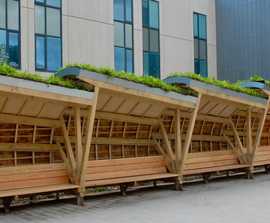 Armadillo seating shelters with green roofs for hospital
