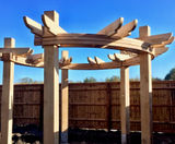 Oak pergola with steam-bent laminated rails at show home - on this page