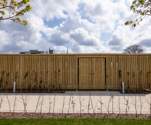 Enclosed shelters with green roofs for Fujifilm offices