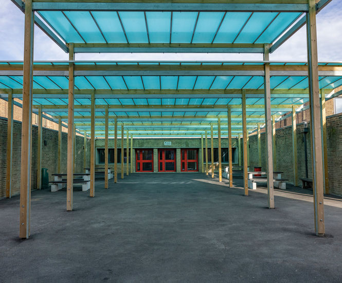Covered walkway, canopy shelter and picnic sets for school
