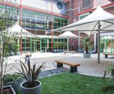 Cantilever-style canopies and benches for hospital courtyards - on this page