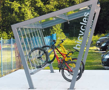 Edge contemporary glass and stainless steel cycle shelter