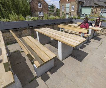 Picnic tables for cafe at Rother Valley Country Park, Sheffield