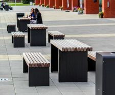 Seating and waste collection units for state-of-the-art building