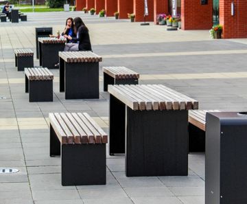 Seating and waste collection units for state-of-the-art building