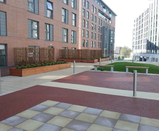 Planters and seating for residents' communal outdoor spaces