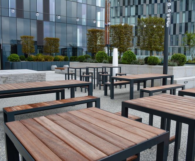 Deansgate aluminium and timber table and bench Bailey Street