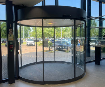 Large automatic entrance pod creates striking office reception