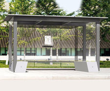 Self - freestanding steel and glass waiting shelter with concrete base