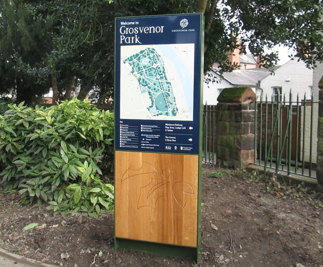Bespoke suite of wayfinding signage Grosvenor Park, Chester isGroup