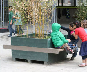 Recycled plastic outdoor bench and planter unit for children