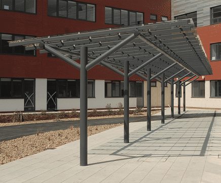 Aquinas - steel and glass multi-functional monopitch canopy shelter