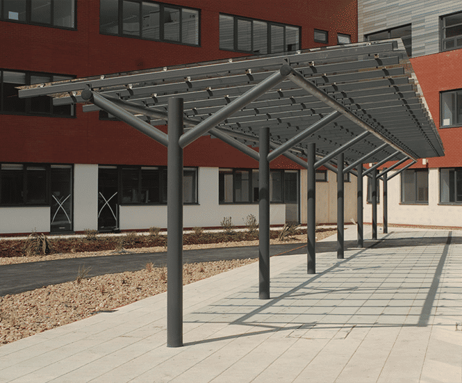 Aquinas - steel and glass multi-functional monopitch canopy shelter