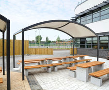 Fabric Arc Canopy - white PVC outdoor shelter for dining or social spaces