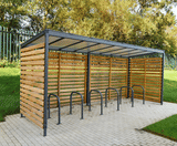 Linear - timber and steel cycle shelter with polycarbonate roof - on this page