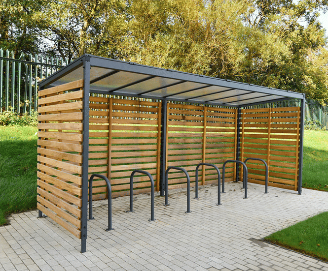 Linear - timber and steel cycle shelter with polycarbonate roof