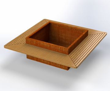 Square corten steel planter with timber bench seating