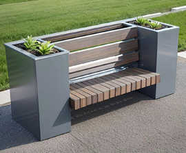 Wooden bench seat with surrounding corten steel planter