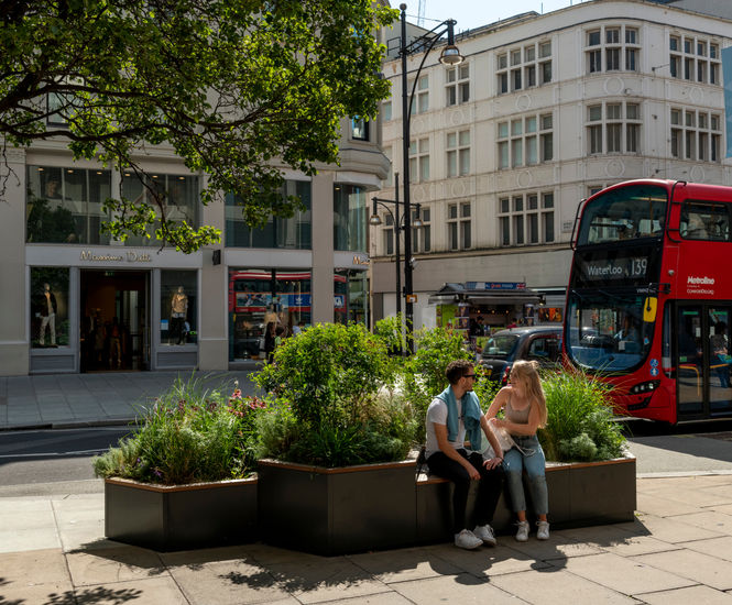 Temporary bespoke seating and planters - Oxford Street