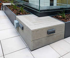 Bespoke steel planters with composite wood seating - 120 Moorgate