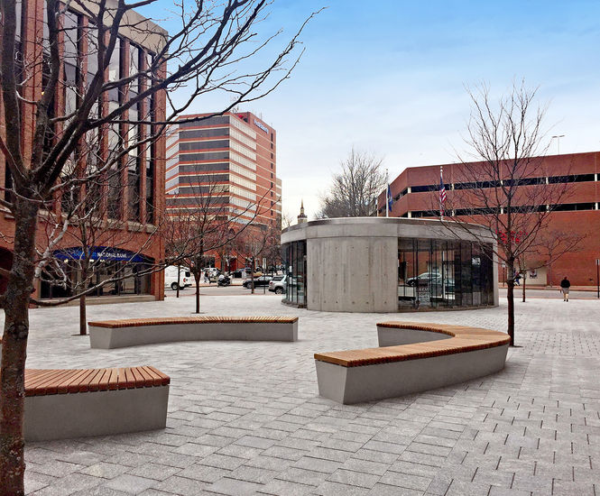 Bespoke curved bench tops - Canal Plaza, Portland