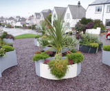 Black and white planters brighten central community area - on this page