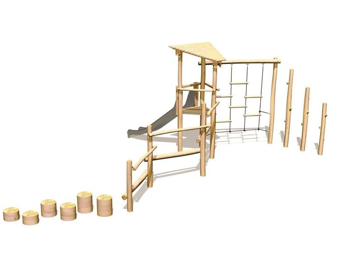 Wooden multiplay structure J4938 - with slide and elevated playhouse