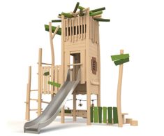Nest Tower J49411 - wooden play tower with slide for public playgrounds