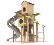 Observatory Tower J49417 - large wooden playground tower with tube slide