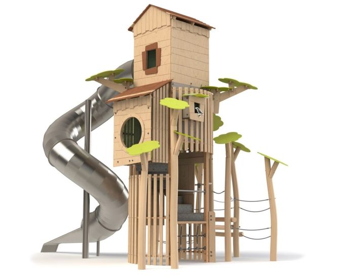 Observatory Tower J49417 - large wooden playground tower with tube slide