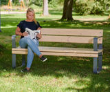 Rosenlund Park Bench - grey wood and metal outdoor seating with arms - on this page