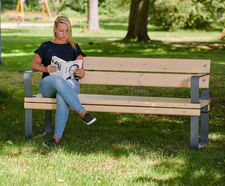 Rosenlund Park Bench - grey wood and metal outdoor seating with arms