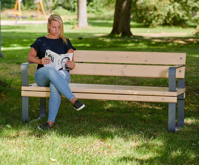 Rosenlund Park Bench - grey wood and metal outdoor seating with arms