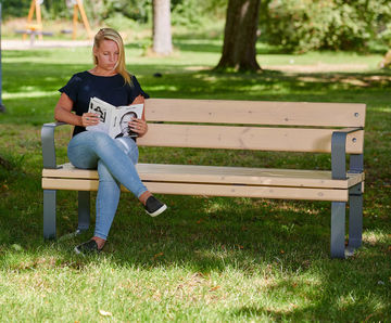 Rosenlund Park Bench - grey wood and metal outdoor seating with arms