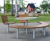 Sofiero 90° Curved Bench - brown wood park bench with metal frame - on this page