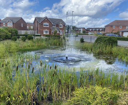 Illuminated floating fountain for pond in residential development
