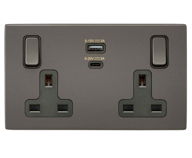 Discreet USB charging with double-switched sockets
