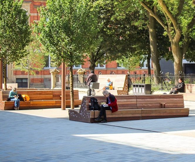 Seating and litter bins - All Saints Park, Manchester