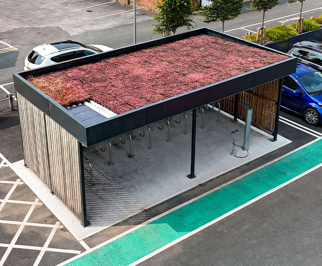 Sedum-roofed cycle hub and repair station - Taunton