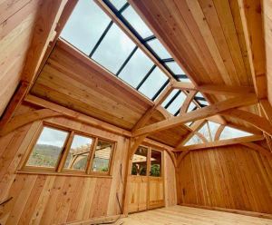 Timber garden room and pergola with green roofs