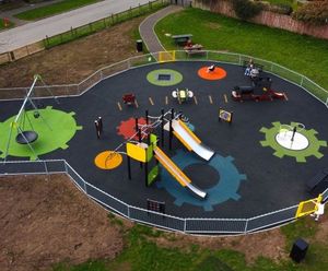 Wet pour cog and train track graphics for Eastriggs Park, Annan