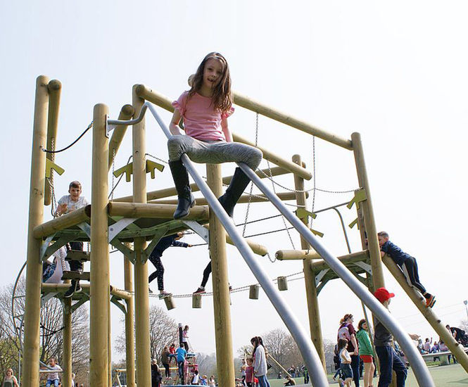 Venetos play unit - outdoor larch and steel playground climbing structure