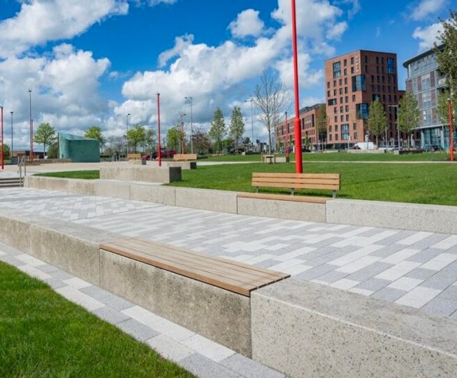 Concrete and timber seating - Seven Heroes Square, Ballymun
