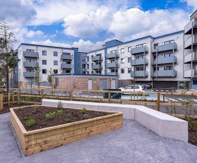 Modular concrete and timber outdoor seating for housing development - Cork
