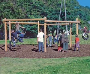 Six-Bay Swing - larch wood playground swing with 6 tyre seats