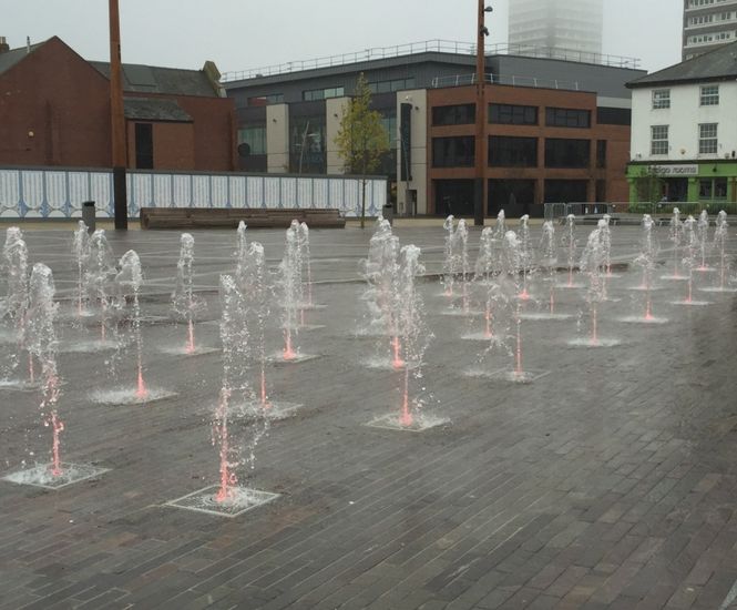 Mirror pool and illuminated plaza water feature - Keel Square, Sunderland